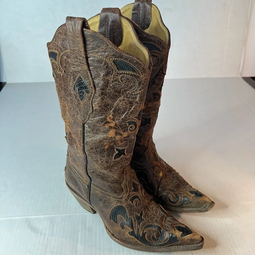 Corral Vintage Sz 6 1/2 Tooled Aged Lizard Western Cowgirl Boots